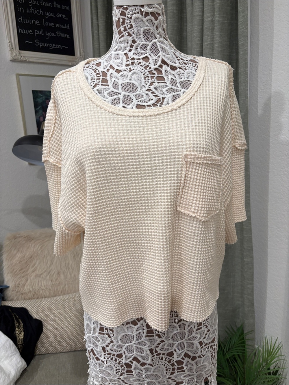 Pilcro Cream Waffle-Knit Short Sleeve Pocket Tee